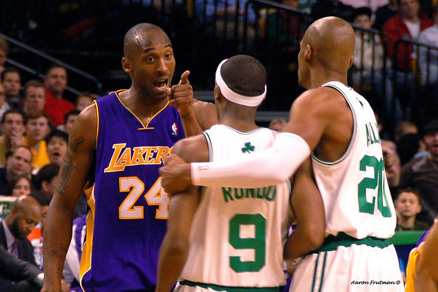 Kobe Bryant pointing at Rajon Rondo