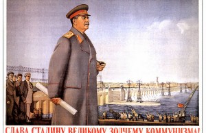 USSR-stalin-dam-pipe- happy people waving arms